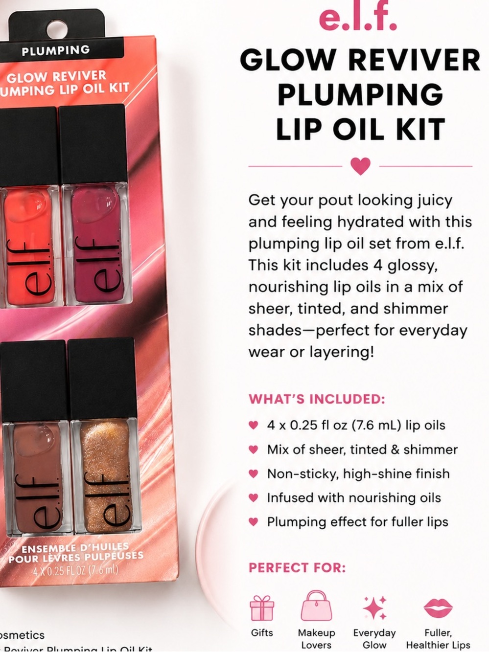 e.l.f. Glow Reviver Plumping Lip Oil Kit — Coral, Berry, Nude & Shimmer Gold - Picture 2 of 2